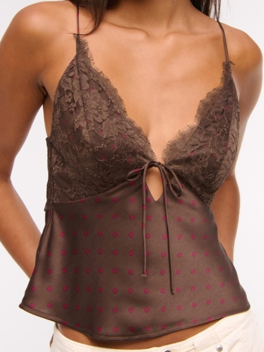 NWT Abercrombie & Fitch Lace Trim Polka Dot Satin Tie-Front Cami In Brown - XL